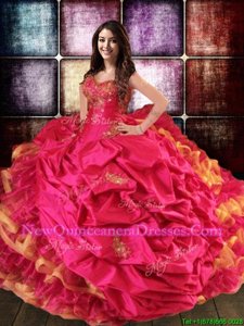 Pretty Hot Pink Sleeveless Appliques and Embroidery and Ruffles and Pick Ups Lace Up Sweet 16 Dresses