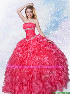 Fine Coral Red Sleeveless Ruffles Floor Length Quince Ball Gowns