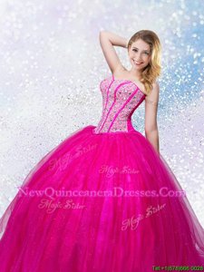 New Arrival Sweetheart Sleeveless Lace Up Ball Gown Prom Dress Hot Pink Tulle