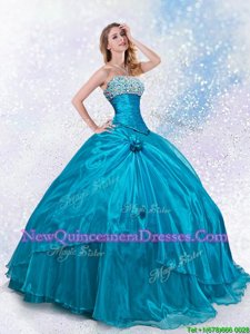 Modern Teal Strapless Lace Up Beading and Hand Made Flower Vestidos de Quinceanera Sleeveless