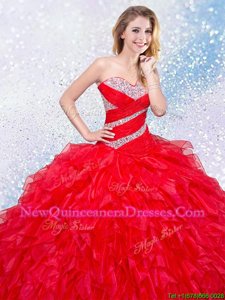 Customized Organza Sweetheart Sleeveless Lace Up Beading and Ruffles Sweet 16 Dresses inRed