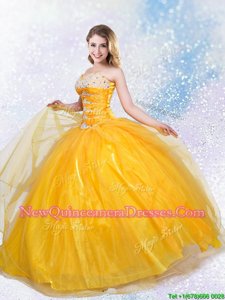 Glorious Yellow Lace Up Sweet 16 Quinceanera Dress Beading Sleeveless Floor Length