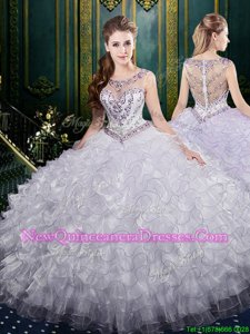 Trendy Scoop White Sleeveless Beading and Ruffles Floor Length Quinceanera Gowns