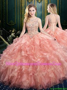 New Arrival Scoop Watermelon Red Sleeveless Beading and Ruffles Floor Length Sweet 16 Dress