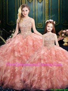 Elegant Scoop Watermelon Red Ball Gowns Beading and Ruffles 15 Quinceanera Dress Lace Up Organza Sleeveless Floor Length