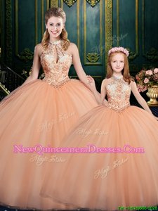 Decent Halter Top Peach Sleeveless Beading Floor Length Sweet 16 Dresses