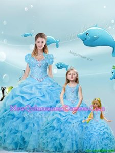 Colorful Baby Blue Lace Up 15th Birthday Dress Beading and Ruffles and Pick Ups Sleeveless Floor Length