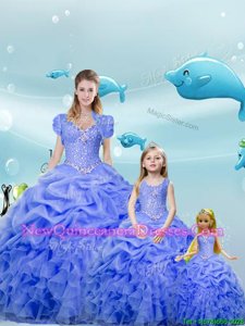 Latest Blue Sweetheart Neckline Beading and Ruffles and Pick Ups Quinceanera Dresses Sleeveless Lace Up