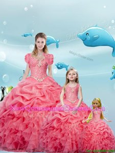 Sweet Watermelon Red Ball Gowns Organza Sweetheart Sleeveless Beading and Ruffles and Pick Ups Floor Length Lace Up 15 Quinceanera Dress