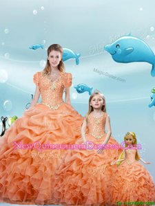 Elegant Orange Red Organza Lace Up Sweetheart Sleeveless Floor Length 15 Quinceanera Dress Beading and Ruffles and Pick Ups