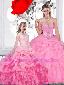 Admirable Pick Ups Ball Gowns 15 Quinceanera Dress Rose Pink Straps Organza Sleeveless Floor Length Lace Up