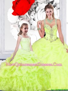 Classical Yellow Green Straps Neckline Beading and Ruffles and Pick Ups 15 Quinceanera Dress Sleeveless Lace Up