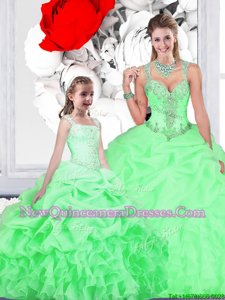 Free and Easy Straps Straps Green Sleeveless Beading and Ruffles and Pick Ups Floor Length Quinceanera Gown