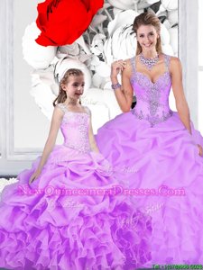 Straps Straps Sleeveless Floor Length Beading and Ruffles and Pick Ups Lace Up Sweet 16 Dresses with Lavender