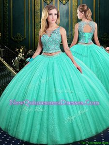 Fashion Turquoise Scoop Lace Up Lace and Appliques Quince Ball Gowns Sleeveless