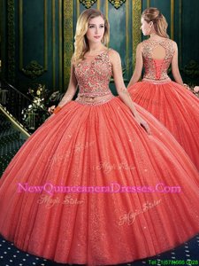 Lovely Two Pieces Quinceanera Dress Coral Red Scoop Tulle Sleeveless Floor Length Lace Up