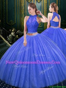 Flirting Sleeveless Floor Length Lace and Appliques Lace Up Quinceanera Dress with Blue