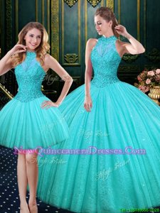 Most Popular Three Pieces Quinceanera Dresses Aqua Blue High-neck Tulle Sleeveless Floor Length Lace Up