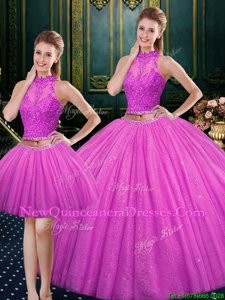 Beauteous Fuchsia Three Pieces Tulle High-neck Sleeveless Beading and Lace and Appliques Floor Length Lace Up Sweet 16 Dress