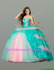 Elegant Multi-color Ball Gowns Sweetheart Sleeveless Organza Floor Length Lace Up Ruffled Layers and Sequins Ball Gown Prom Dress