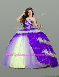 Modern Multi-color Ball Gowns Tulle Sweetheart Sleeveless Beading and Ruching Floor Length Lace Up 15th Birthday Dress