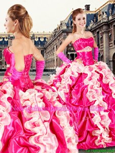 Wonderful Sleeveless Floor Length Beading and Ruffles and Pick Ups Lace Up Sweet 16 Quinceanera Dress with Hot Pink and Champagne