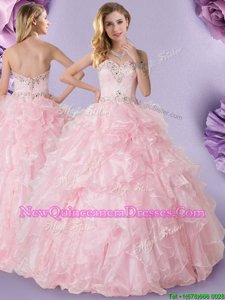 Custom Design Baby Pink Sweetheart Neckline Beading and Ruffles Quinceanera Dresses Sleeveless Lace Up