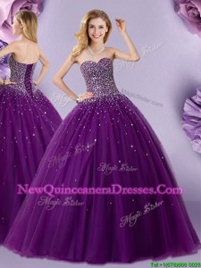 Deluxe Floor Length Ball Gowns Sleeveless Dark Purple 15th Birthday Dress Lace Up