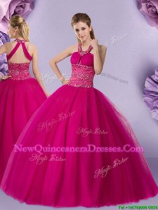 Hot Sale Halter Top Floor Length Lace Up Quinceanera Gowns Fuchsia and In for Military Ball and Sweet 16 and Quinceanera withBeading