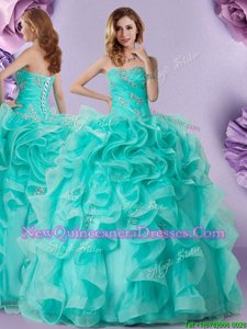 Custom Fit Sleeveless Organza Floor Length Lace Up Quinceanera Dresses inAqua Blue withBeading and Ruffles