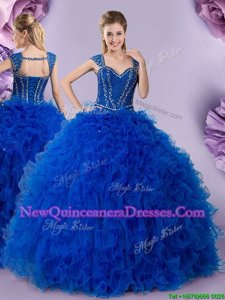 Beauteous Tulle Straps Cap Sleeves Lace Up Beading and Ruffles Quinceanera Gown inRoyal Blue