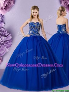 Gorgeous Royal Blue Tulle Lace Up Sweetheart Sleeveless Floor Length Vestidos de Quinceanera Beading