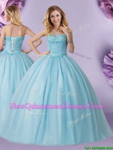 Dramatic Floor Length Light Blue Quinceanera Dresses Sweetheart Sleeveless Lace Up