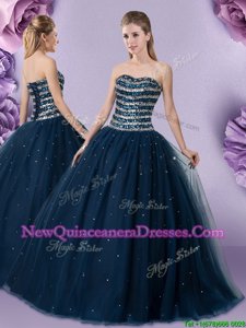 Edgy Floor Length Dark Green Quinceanera Gowns Tulle Sleeveless Spring and Summer and Fall and Winter Beading