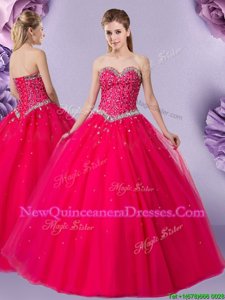 Fashionable Coral Red Ball Gowns Sweetheart Sleeveless Tulle Floor Length Lace Up Beading Sweet 16 Quinceanera Dress