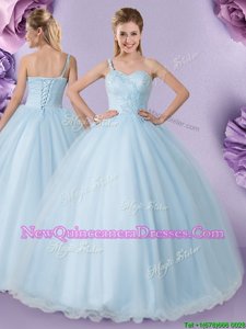 Stunning One Shoulder Sleeveless Vestidos de Quinceanera Floor Length Appliques Light Blue Tulle