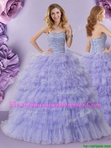 Great Lavender Sleeveless Floor Length Beading and Ruffled Layers Lace Up Sweet 16 Quinceanera Dress