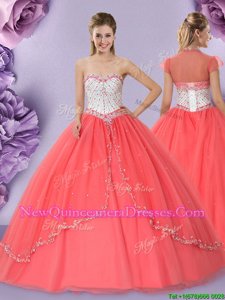 Suitable Watermelon Red Sleeveless Floor Length Beading Lace Up Quinceanera Gown