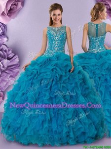 Low Price Scoop Floor Length Baby Blue 15 Quinceanera Dress Organza Sleeveless Spring and Summer and Fall and Winter Beading and Ruffles