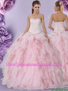 Fitting Sweetheart Sleeveless Sweet 16 Dresses Floor Length Beading and Lace and Ruffles Baby Pink Tulle