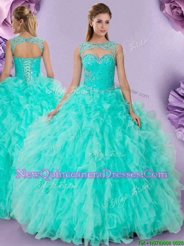 Stylish Floor Length Apple Green Sweet 16 Dress Scoop Sleeveless Lace Up