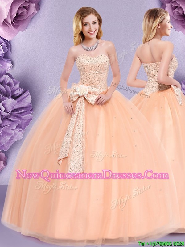 Charming Sleeveless Floor Length Beading and Bowknot Zipper Quince Ball Gowns with Peach