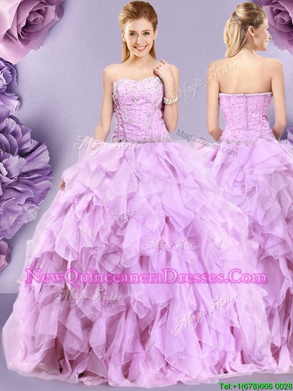 Top Selling Lilac Ball Gowns Beading and Ruffles Quinceanera Dresses Zipper Tulle Sleeveless Floor Length