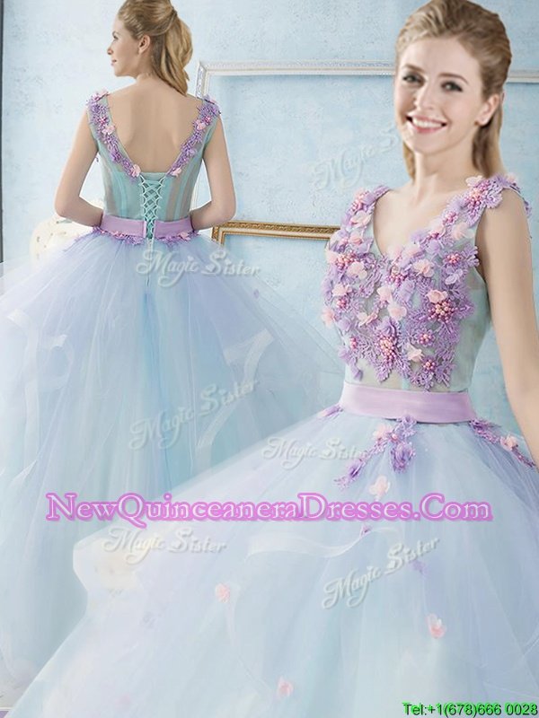 Exquisite Floor Length Ball Gowns Sleeveless Light Blue 15 Quinceanera Dress Lace Up