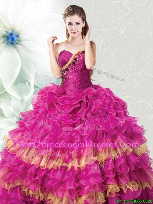 Discount Fuchsia and Gold Organza Lace Up Vestidos de Quinceanera Sleeveless Floor Length Ruffles and Ruffled Layers