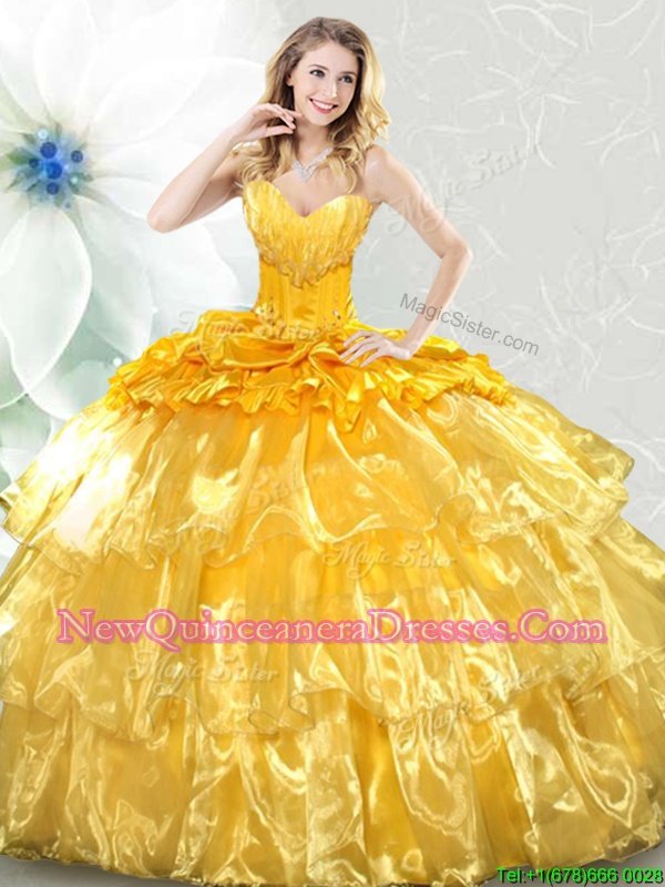 Pretty Yellow Ball Gowns Sweetheart Sleeveless Organza Lace Up Ruffled Layers and Sequins Ball Gown Prom Dress