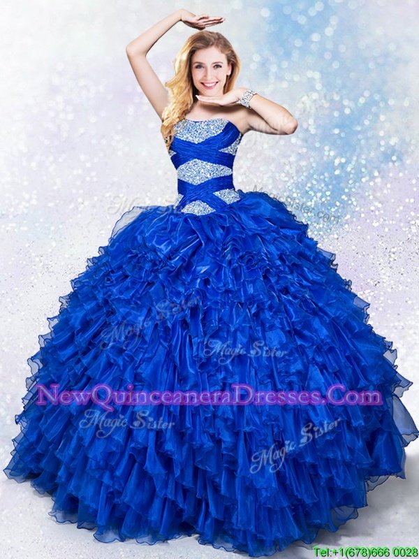 Excellent Royal Blue Ball Gowns Beading and Ruffles Sweet 16 Dresses Lace Up Organza Sleeveless Floor Length