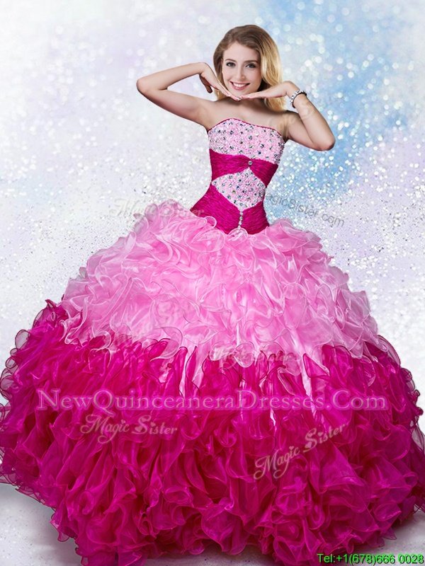 New Style Strapless Sleeveless Quinceanera Dress Floor Length Beading Multi-color Organza