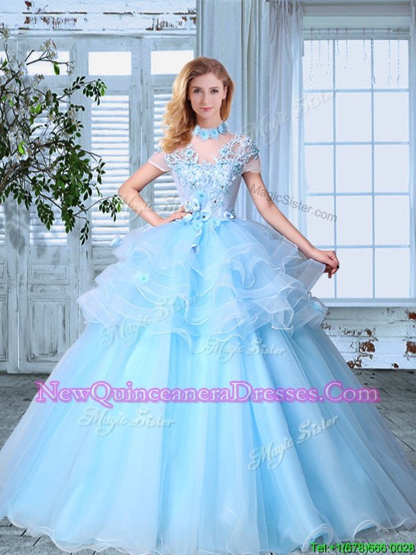 Fashionable Organza High-neck Short Sleeves Lace Up Appliques and Ruffled Layers Quinceanera Dress inLight Blue