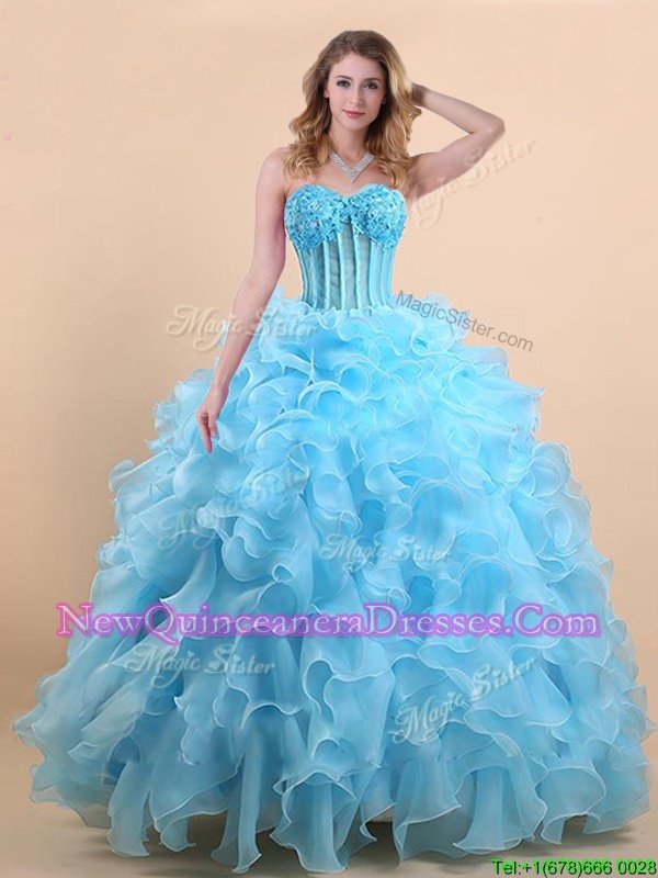 Edgy Light Blue Organza Lace Up Sweetheart Sleeveless Floor Length 15 Quinceanera Dress Appliques and Ruffles